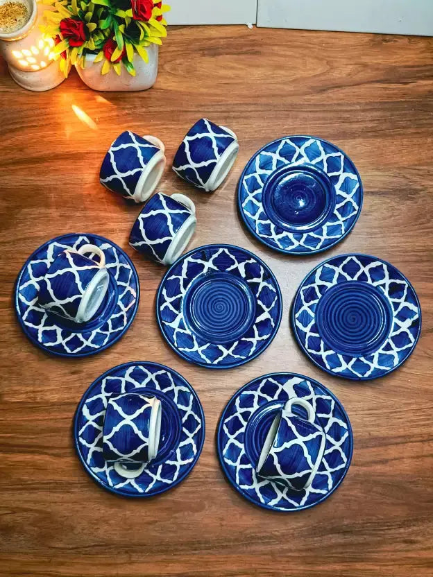 Pack of 12 Ceramic ,Blue murrucan pattern ceramic cups and plates BUTMEE.